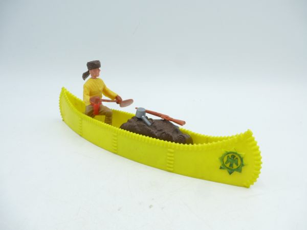 Timpo Toys Canoe (bright yellow, green emblem) with Trapper + cargo