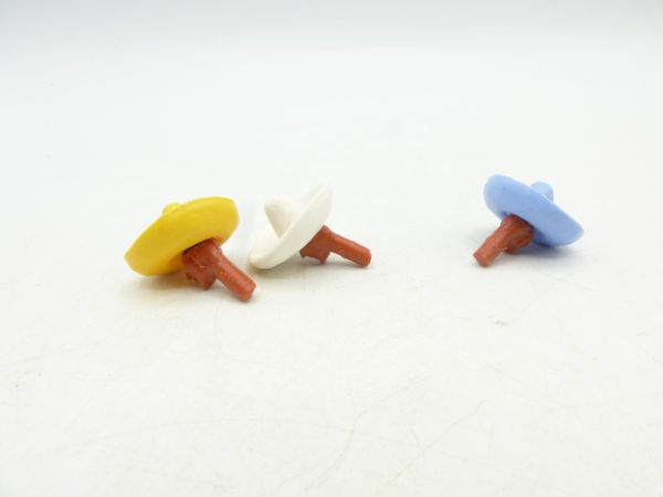 Timpo Toys 3 Mexikanerköpfe mit Sombreros (gelb, weiß, hellblau)