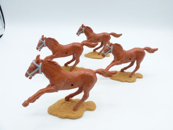 Timpo Toys 4 horses, long-running, brown with grey bridle / reins