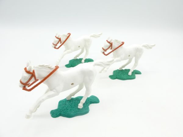 Timpo Toys 3 horses, white, galloping with brown bridle / reins