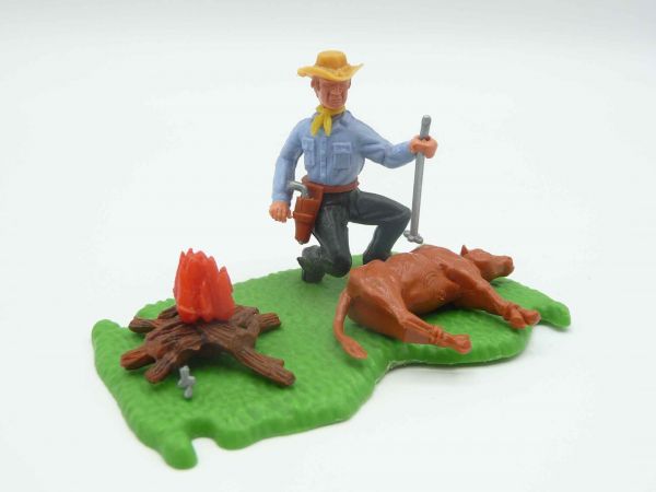 Timpo Toys Kälberbranddiorama mit Cowboy 3. Version (großer Kopf)