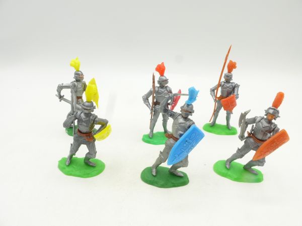 Elastolin 5,4 cm 6 knights on foot with visor, weapon(s) + shield