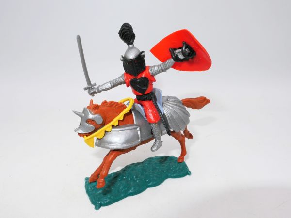 Timpo Toys Visor knight on horseback, red/black on armoured horse