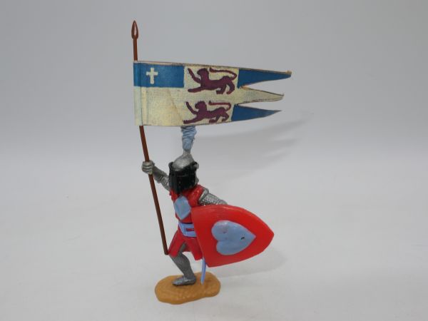 Timpo Toys Visor knight running, red/light blue with great flag (not Timpo!)