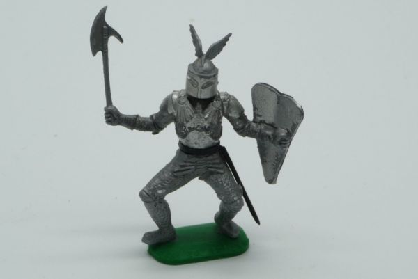 Timpo Toys Silver knight standing, holding battleaxe on side