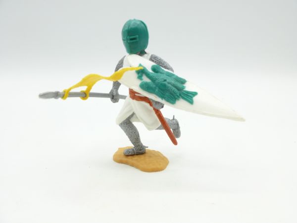 Timpo Toys Mittelalterritter weiß/grün mit grünem Kopf, laufend mit Fahne