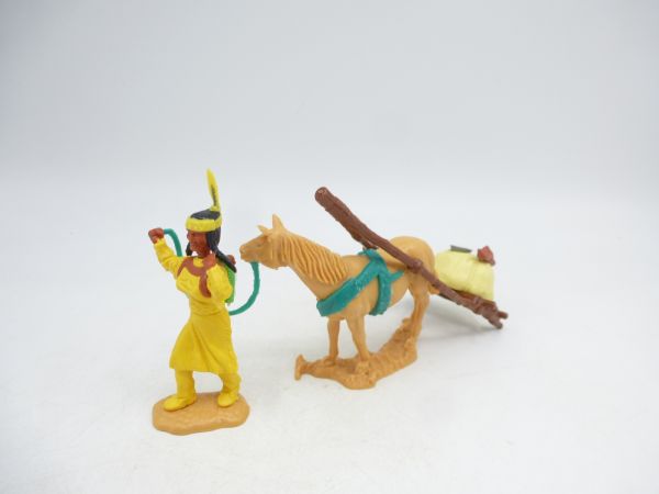 Timpo Toys Indianerin mit Travois, hellgelbes Gepäckstück