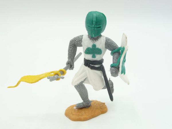 Timpo Toys Mittelalterritter stehend mit Fahne, weiß/grün, grüner Kopf