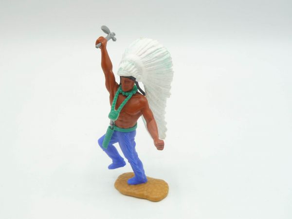 Timpo Toys Chief standing with tomahawk, long feather headdress
