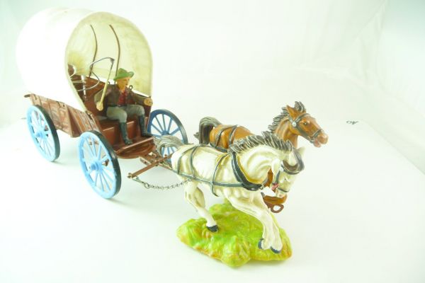 Elastolin 7 cm Planwagen (Blech) mit Massekutscher + Hartplastik Pferden