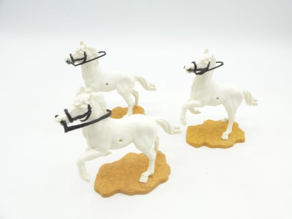 Timpo Toys 3 horses, rearing, white with black bridle / reins
