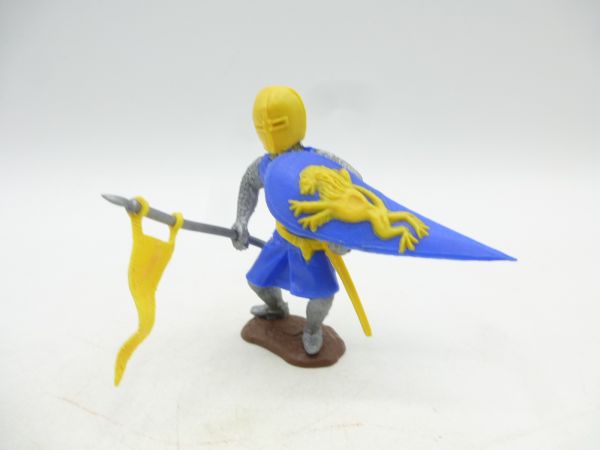 Timpo Toys Medieval knight standing, medium blue/yellow with flag