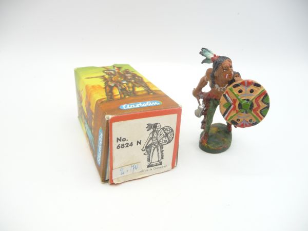 Elastolin composition Indian with tomahawk + shield (pre-war), No. 6824 - great figure, orig. packaging
