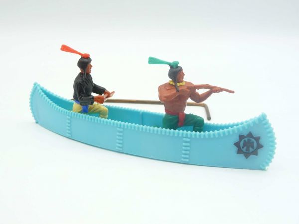 Timpo Toys Canoe with 2 Indians, turquoise with black emblem