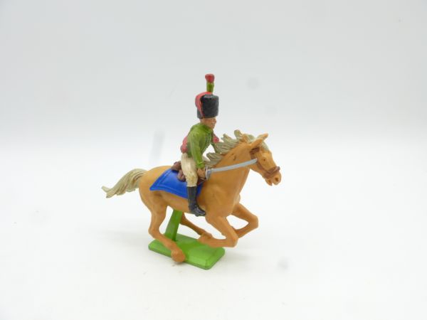 Britains Deetail Waterloo soldier riding, green/red uniform, sabre at side