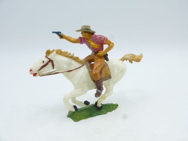 Elastolin 4 cm Cowboy zu Pferd mit Pistole, Nr. 6992, rosa Hemd