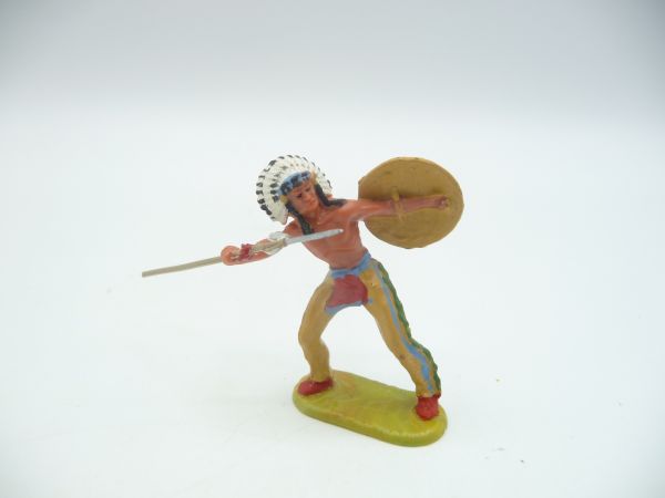 Elastolin 4 cm Indianer Speer werfend, Nr. 6822 - frühe Figur, mit Originalpreisschild