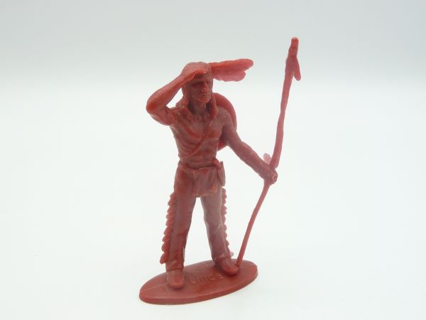 Linde Indian standing with spear, peering, dark-red
