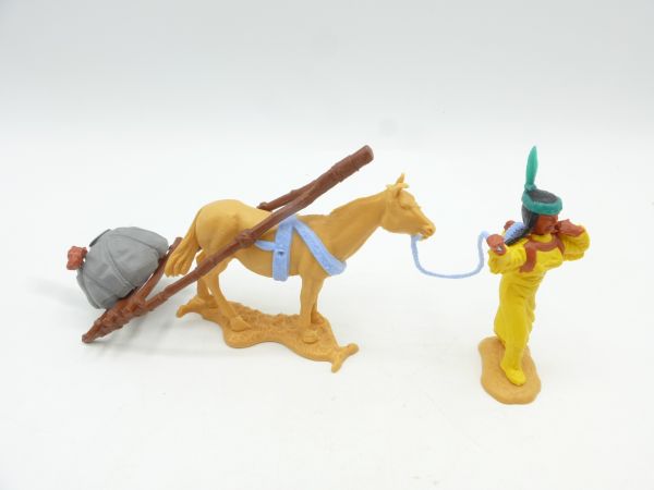 Timpo Toys Indianerin mit Travois - seltenes Pferd (hellblaues Zaumzeug)