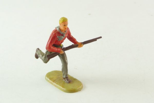 Elastolin 4 cm Cowboy mit Gewehr rennend, oliv-rot, blonde Haare, Nr. 6976