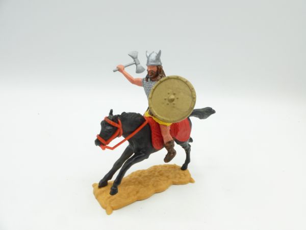 Timpo Toys Viking on horseback with battle axe, golden shield, dark hair