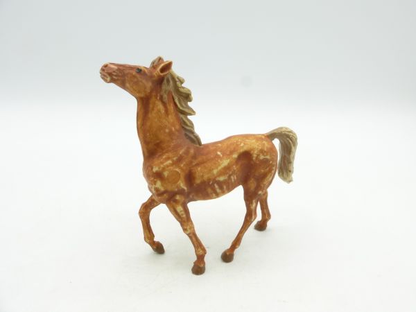 Elastolin soft plastic Horse trotting, head high, brown pied