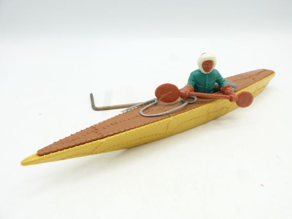 Timpo Toys Eskimo kayak, beige/brown, driver green - rare colour