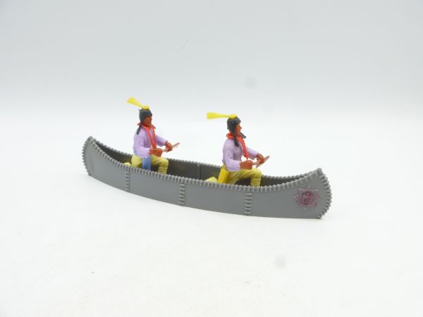 Timpo Toys Kanu in seltenem Grau mit rotem Emblem mit 2 Indianern