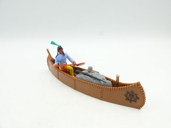 Timpo Toys Indian canoe, brown, black emblem (1 Indian + cargo)