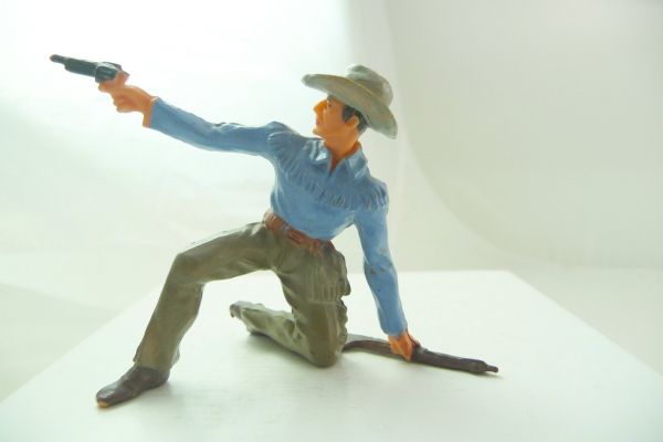 Elastolin 7 cm Cowboy / Trapper kniend mit Pistole, Nr. 6913, Vers. 2, blaues Hemd