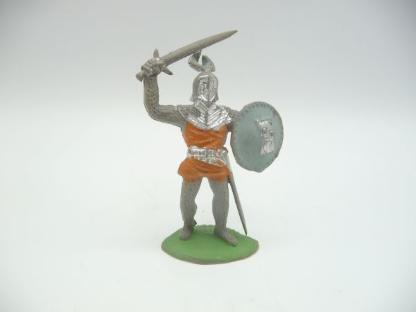 Timpo Toys Knight with sword over his head + shield, orange/light-blue - brand new