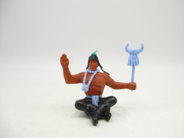 Timpo Toys Indian 2nd version sitting with tribal sign, light blue