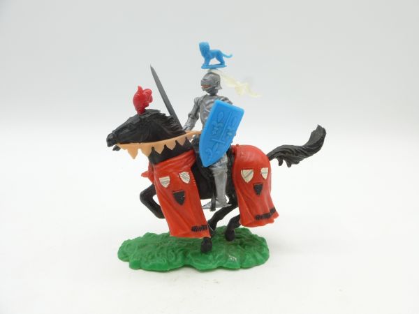 Elastolin 5,4 cm Ritter zu Pferd mit Schild, Waffe + zusätzl. Waffe im Gurt