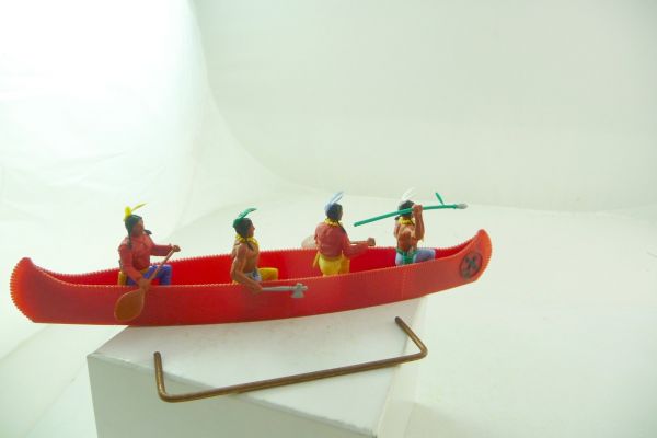 Timpo Toys Four men canoe with Indians 3rd version, red with black emblem