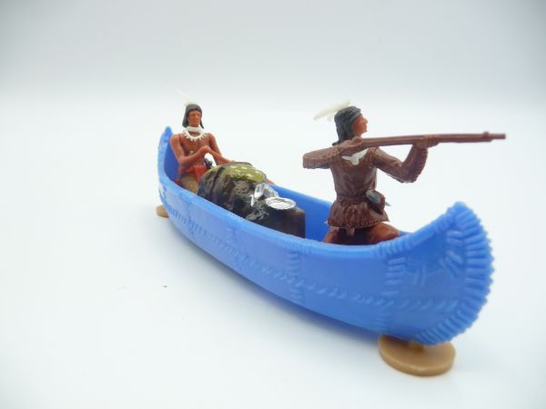 Elastolin 5,4 cm Indian canoe (blue) with 2 Indians + cargo - brand new, incl. metal bracket