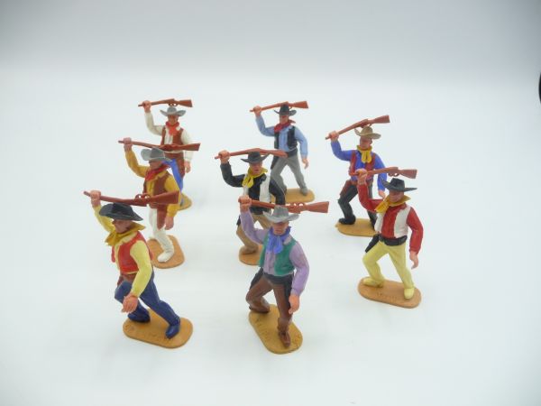 Timpo Toys 8 Cowboys 2. Version, Kolben schlagend, unterschiedliche Farben