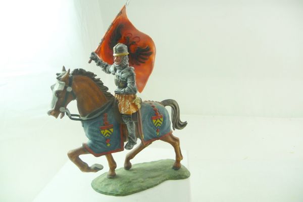 Modification 7 cm Medieval rider with flag - great edition, base Elastolin