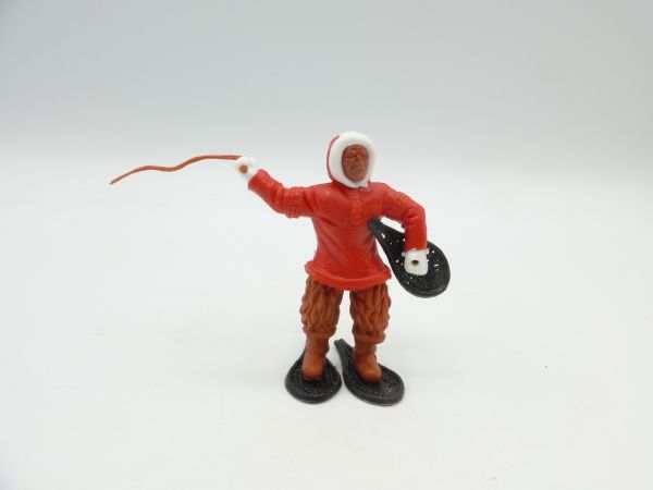 Timpo Toys Eskimo mit Peitsche, Schneeschuh haltend, rot mit braunen Beinen