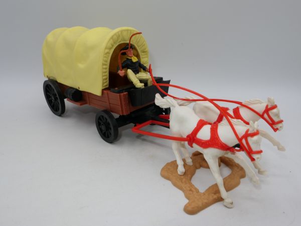 Timpo Toys Planwagen, braunes Chassis, schwarze Räder mit weißen Pferden