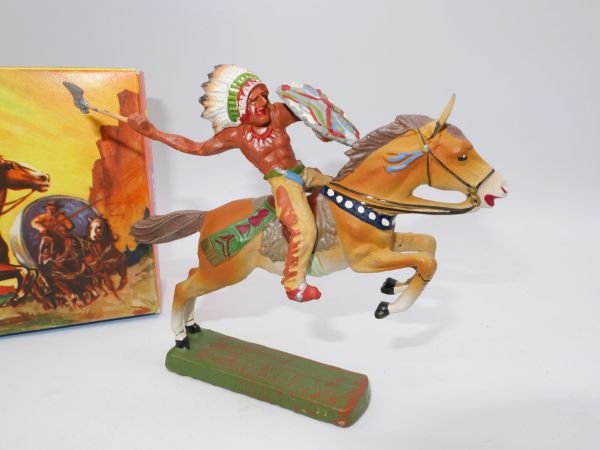 Elastolin compound Indian with axe on horseback - orig. packaging, great box