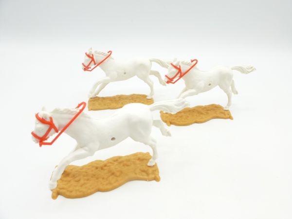 Timpo Toys 3 Pferde, langlaufend, weiß mit rotem Zaumzeug / Zügel