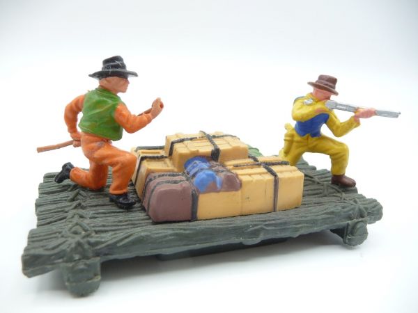 Britains Swoppets Tree trunk raft with 2 Cowboys + cargo - pole shortened