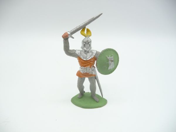 Timpo Toys Knight with sword over his head + shield, orange/green - brand new