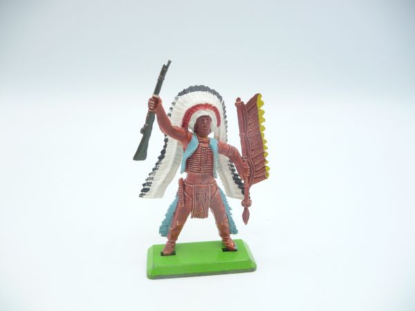 Britains Deetail Indian standing, rifle high with spear - long feather headdress