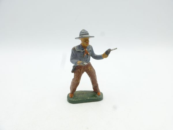 Elastolin Masse Cowboy stehend mit 2 Revolvern, blaues Hemd