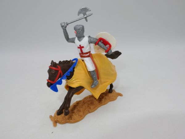 Timpo Toys Crusader 1st version on horseback, lunging with battle axe + shield
