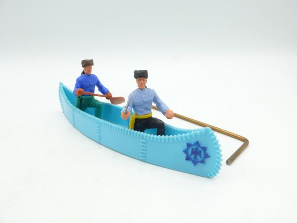 Timpo Toys Trapper canoe, turquoise, blue emblem (2 trappers)