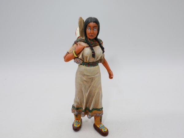 Plastoy Indian woman with baby in back carrier, beige dress (8 cm height)