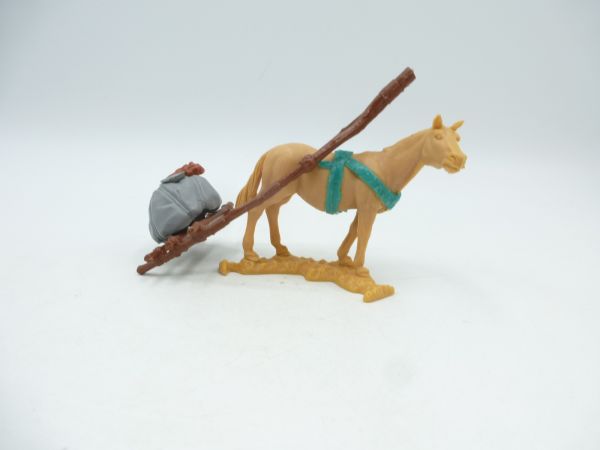 Timpo Toys Pferd mit Trage (graues Gepäckstück), grünes Zaumzeug