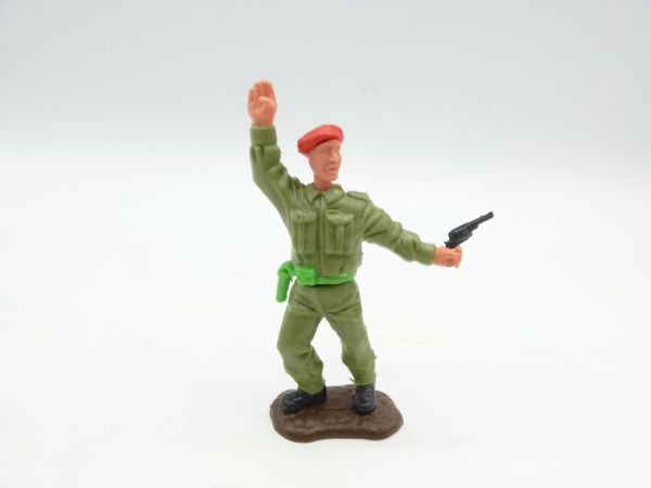 Timpo Toys Engländer mit Pistole, Arm hoch, rotes Barett - schöne Bodenplatte